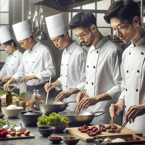 Realistic stock image of chefs preparing Taiwanese dishes.